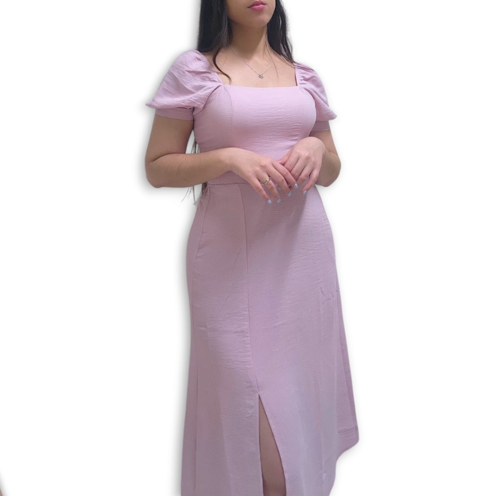 Monteau Los Angeles Womens Midi Dress XS Light Pink Front Slit Puff Sleeve New